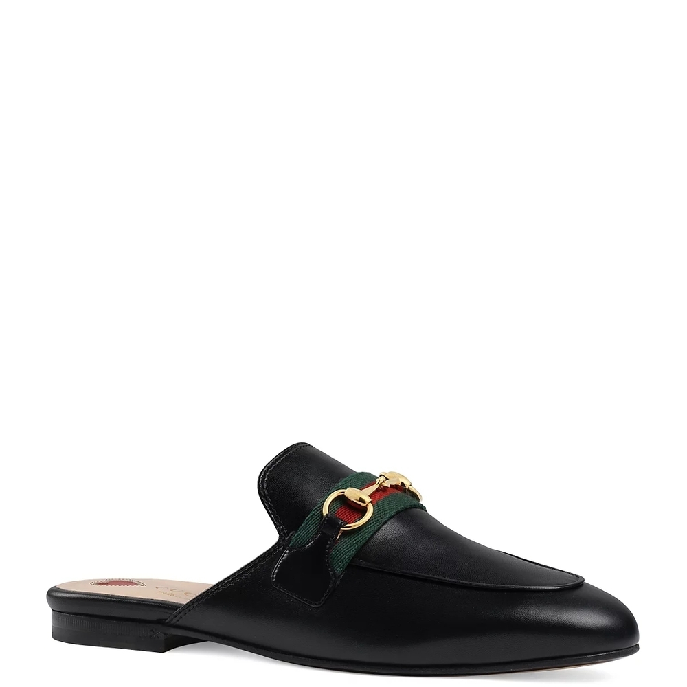 Gucci Black Leather Princetown Apron Toe Mules with Gold Accent